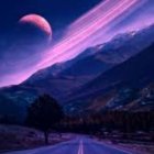 Surreal landscape with railroad, planets, night sky, and purple hues