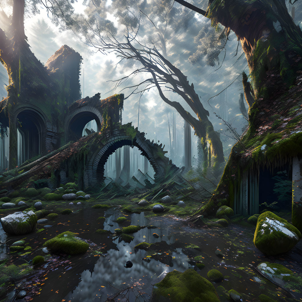 Mystical forest with sunlight, moss-covered ruins, and reflective pool