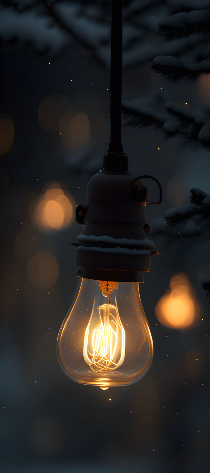 Vintage outdoor light bulb glowing at night with snow-covered tree branches