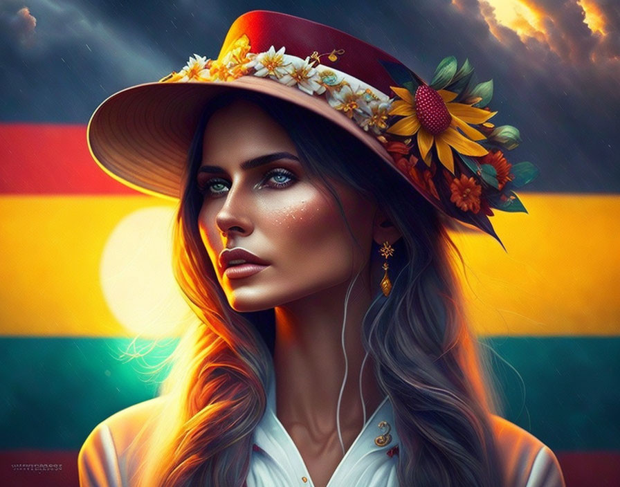 Woman with Blue Eyes in Flower Hat Against Sunset Sky