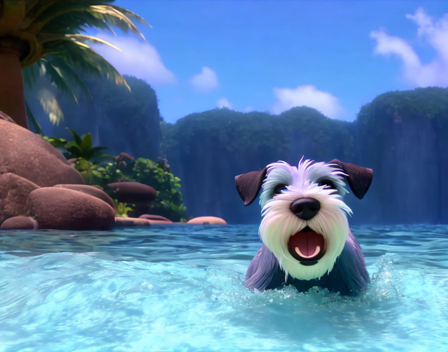 Black and white animated dog swimming in blue water with tropical landscape