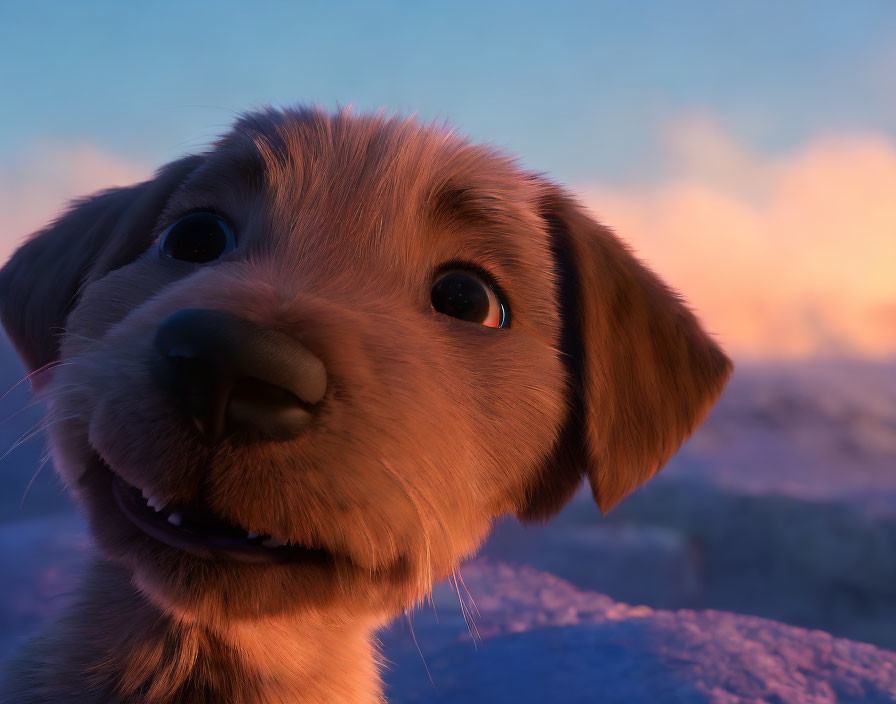 Happy animated puppy with soft fur and large eyes against sunset sky