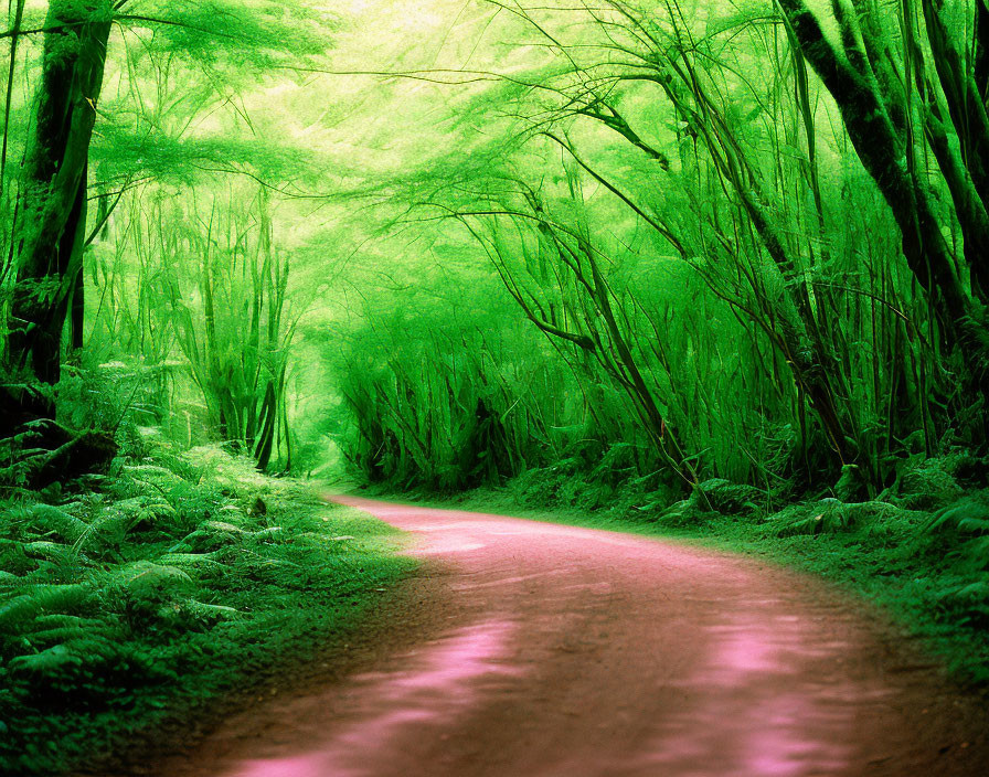 Lush green forest with pink path, ethereal light on trees