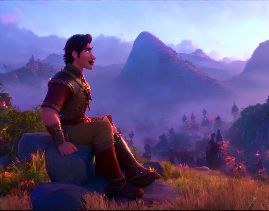 Brown-Haired Animated Character in Armor on Rock in Misty Fantasy Landscape at Sunset