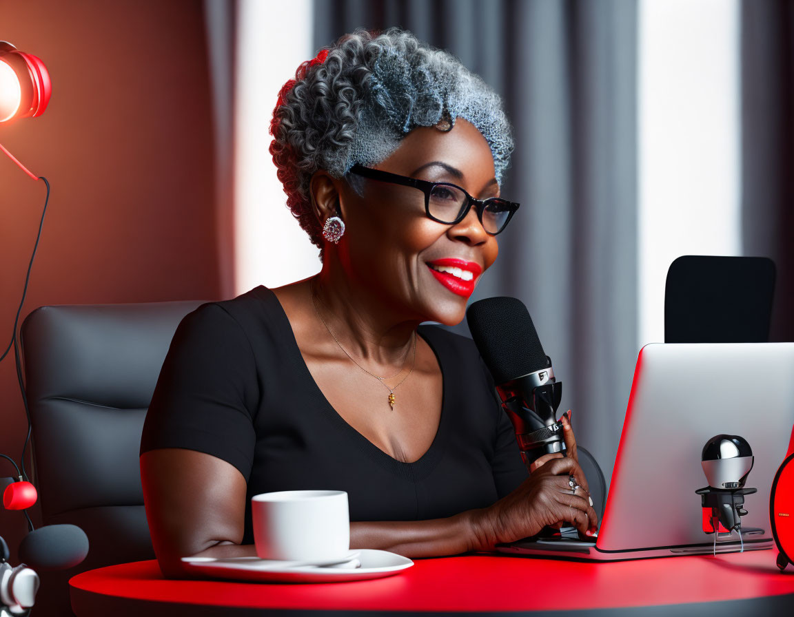 Silver-haired woman records podcast with microphone and laptop in red-lit studio