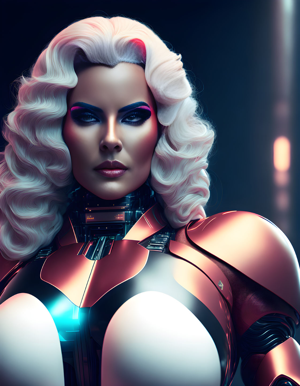 Detailed humanoid female robot with blonde hair in silver and red armor suit under blue light