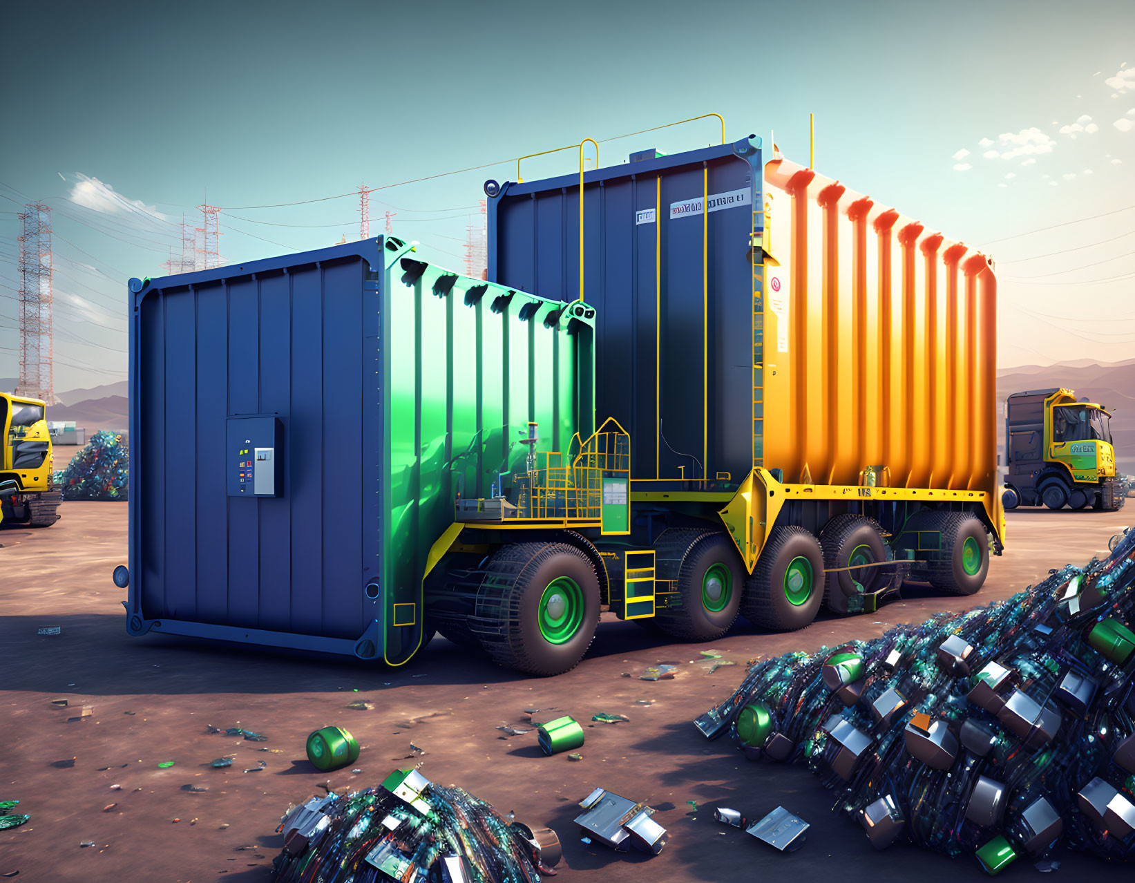 Vibrant industrial waste recycling containers and yellow truck in desert with electronic waste.