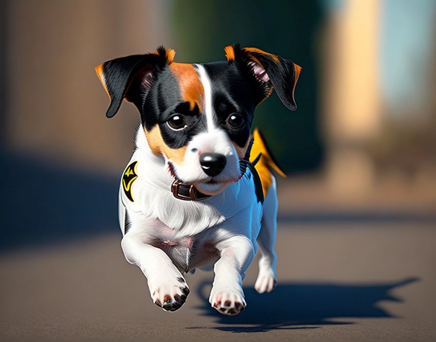 Tricolor Puppy Leaping on Sunlit Path