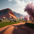 Vibrant surreal landscape with pink trees, red dunes, and desert cliffs