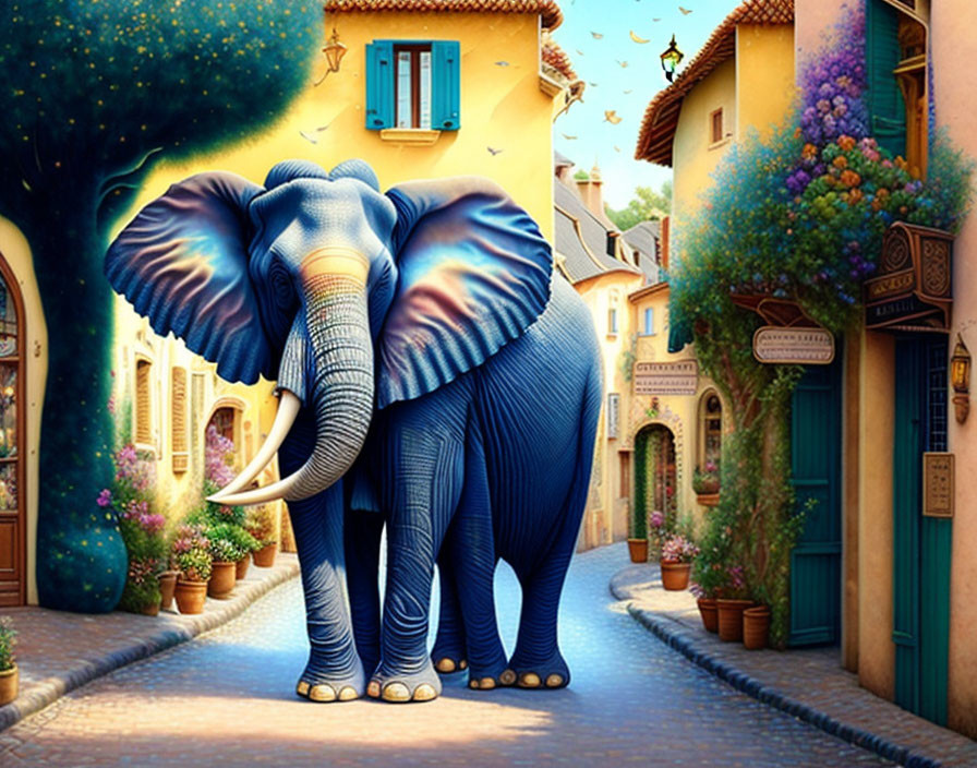 Majestic elephant in colorful European alley at night