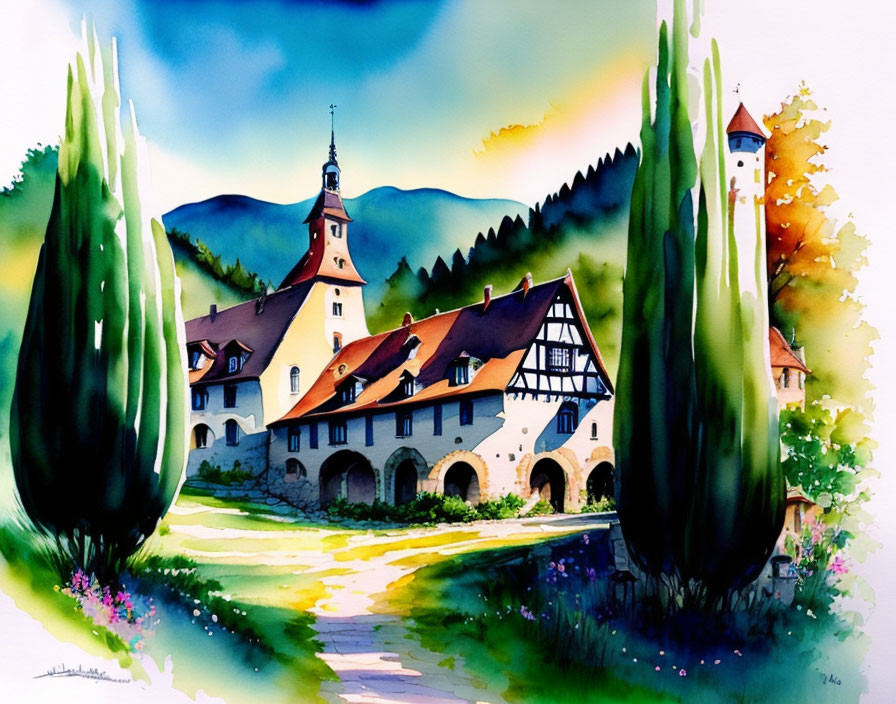 European-style village watercolor painting with church spire and lush greenery.