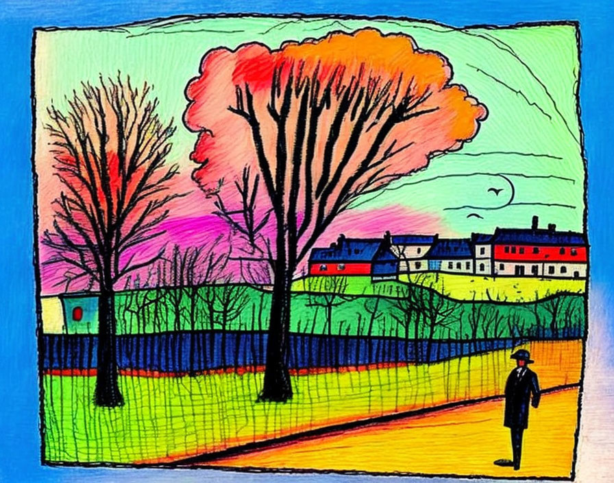 Colorful Drawing: Person Walking by Fence, Trees, Houses at Sunset