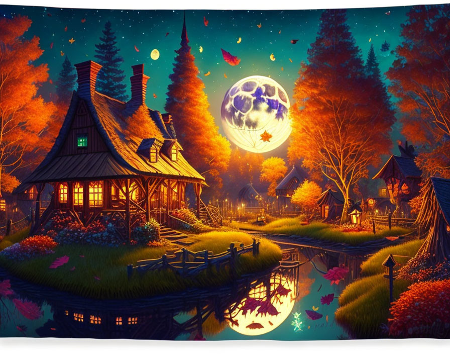 Nighttime autumn village with glowing moon, cozy cottages, bridge, trees, falling leaves