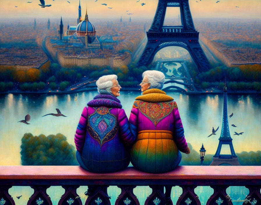 Elderly women on balcony overlooking stylized Paris with Eiffel Tower, birds, autumn hues