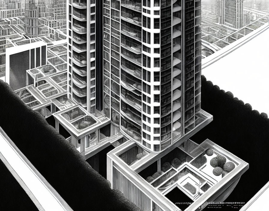 Surreal monochromatic architectural landscape with gravity-defying buildings