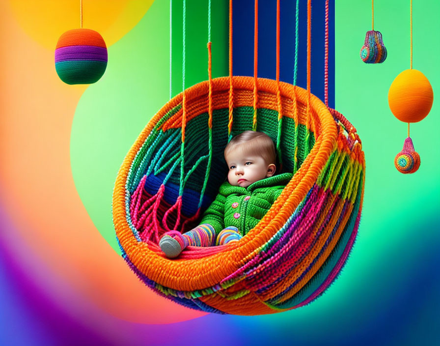 Colorful Hanging Swing with Baby and Vibrant Spheres on Gradient Background