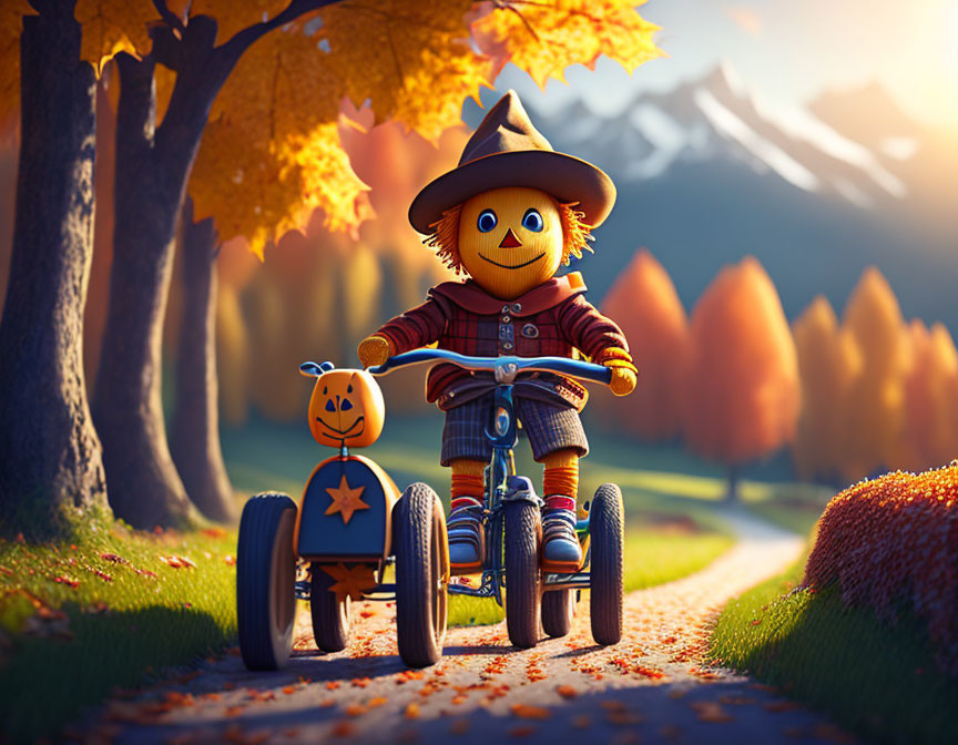 Smiling scarecrow on tricycle with pumpkin-headed figure in autumn scene