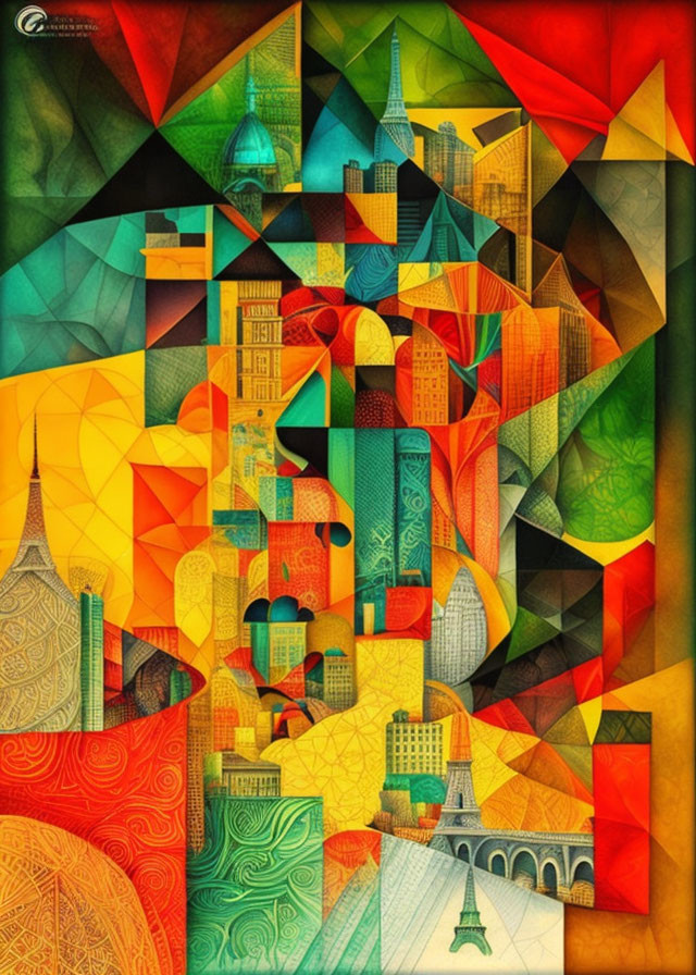 Abstract Geometric Collage with Eiffel Tower and Vibrant Patterns