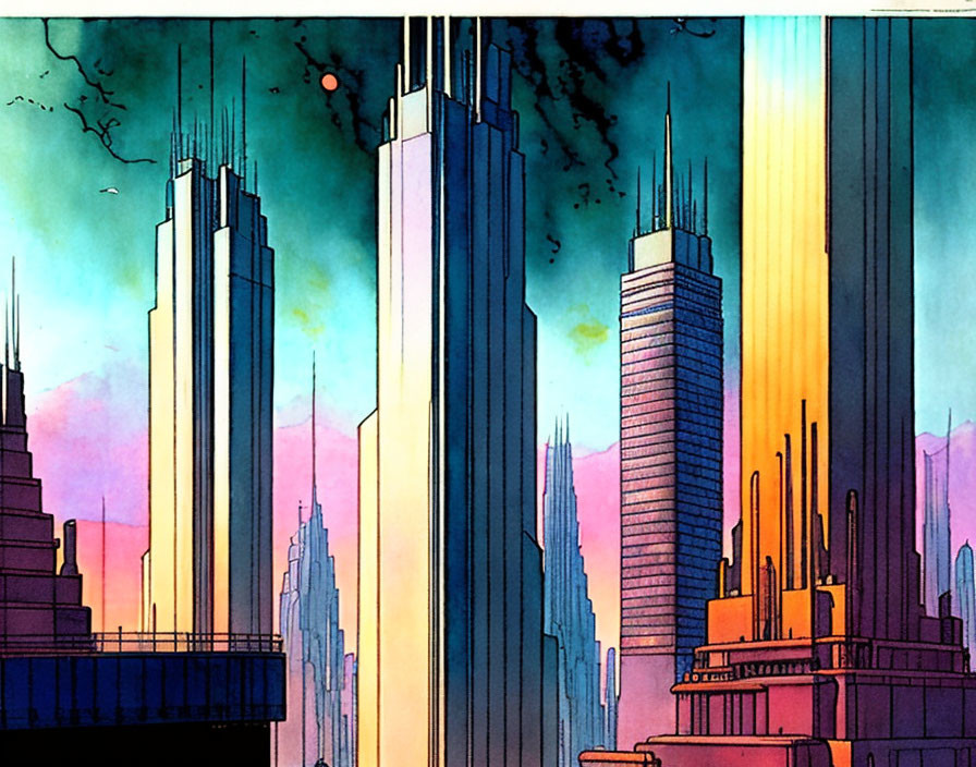 Futuristic cityscape illustration with vibrant skyscrapers at dusk