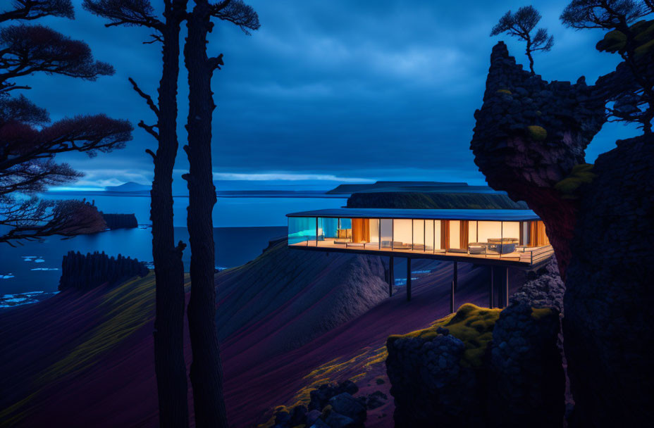 Cliffside house with large windows at dusk overlooking ocean