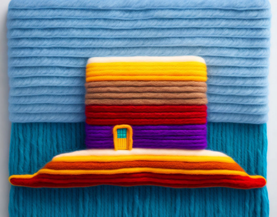 Colorful Yarn House Door on Blue Background