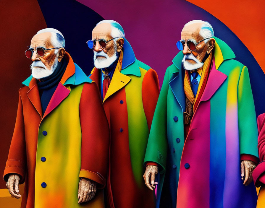 Elderly man in colorful trench coats on multicolored background