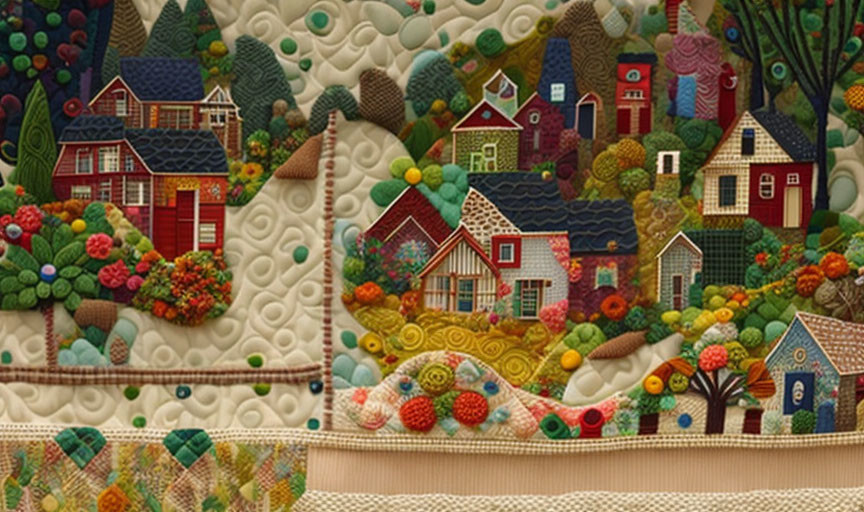 Vibrant village scene with stylized houses and lush foliage