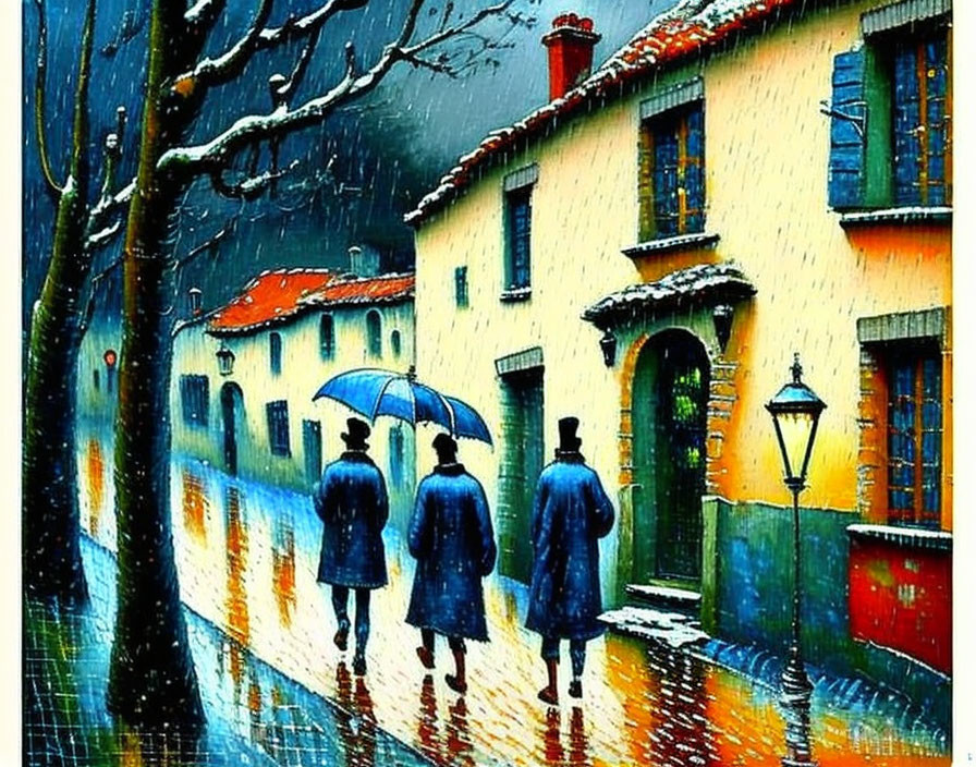 Pair with umbrella strolling on rainy cobblestone street.