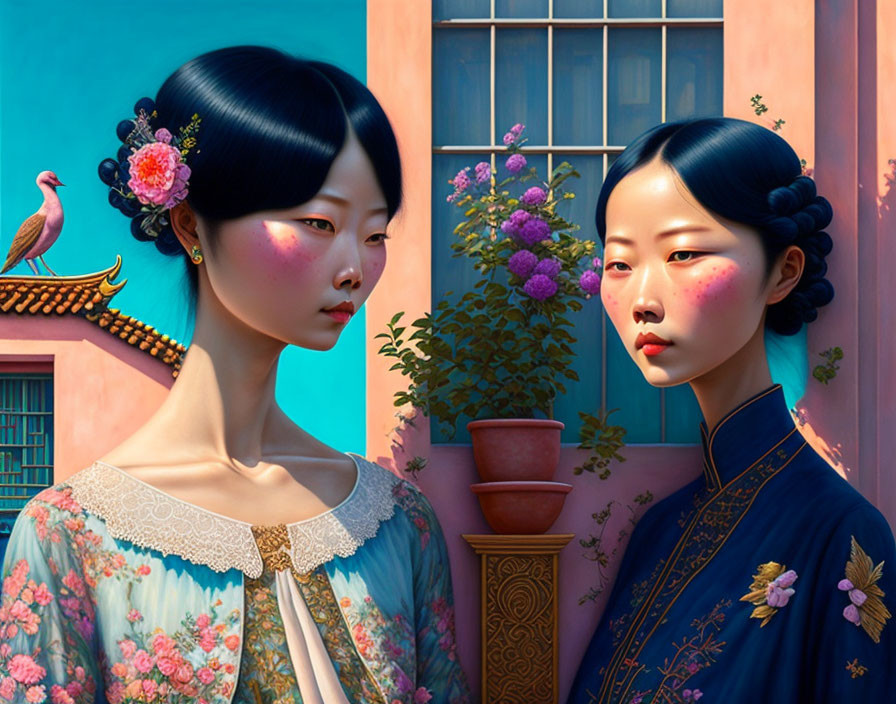 Stylized women in Asian attire by pink building with bird and flowers