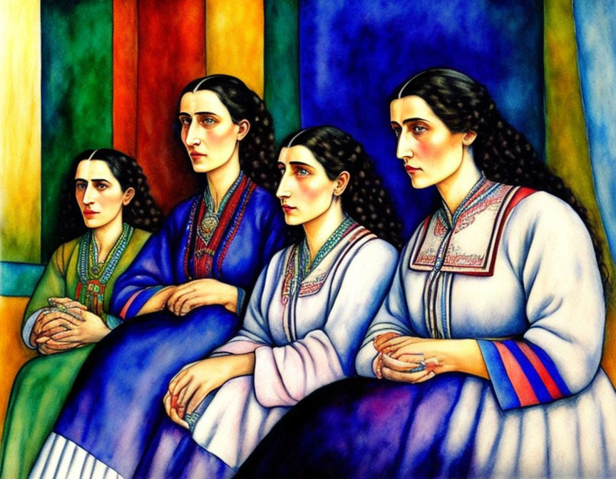 Vibrant artwork of four women in traditional dress with stained-glass background