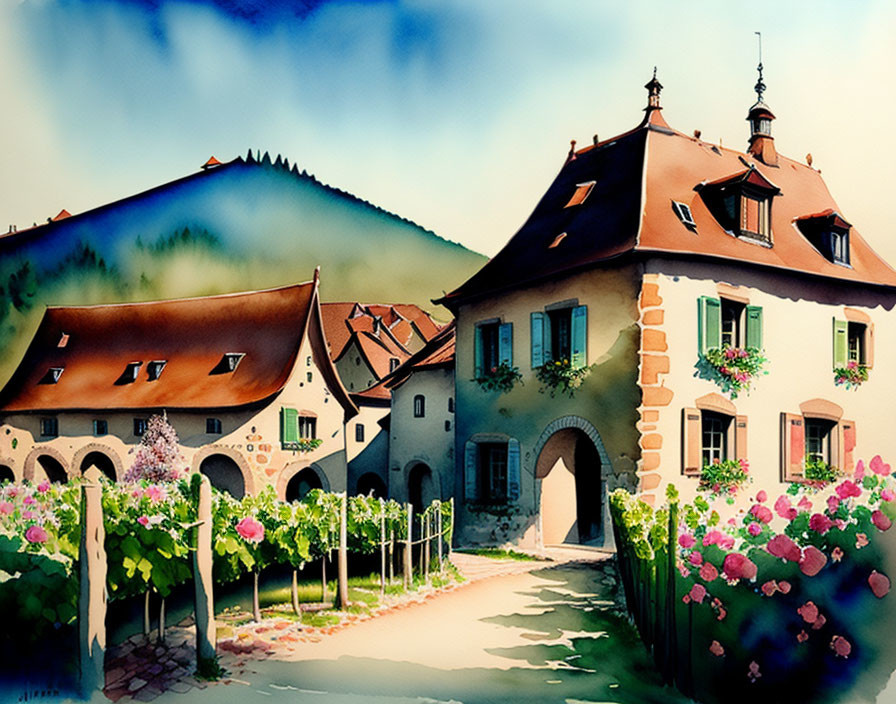 European-style house with red roof in serene watercolor scene