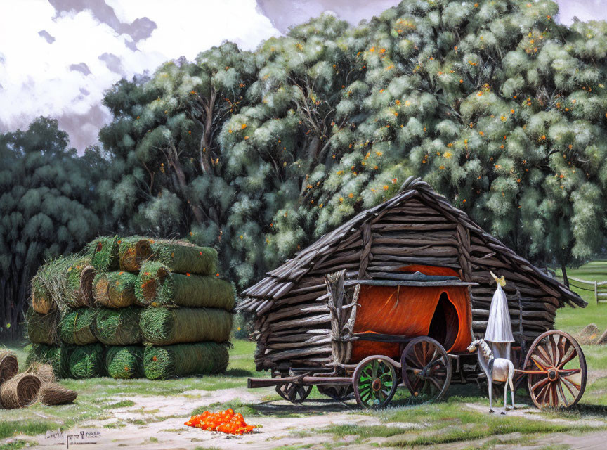 Rural landscape with log cabin, hay bales, horse-drawn wagon, and fruits under cloudy