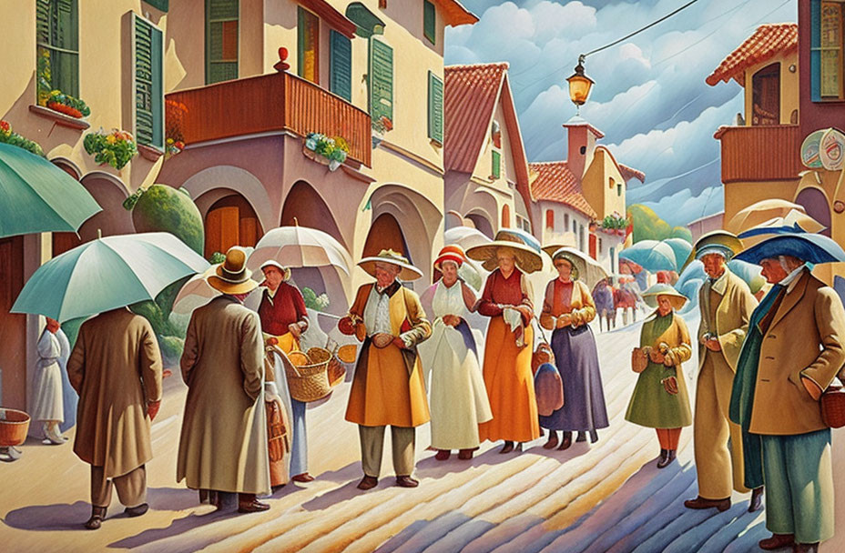 Illustrated Vintage Scene: People in Vintage Attire on Sunlit European Street