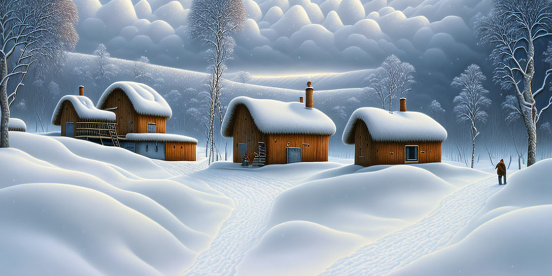 Snow-covered cottages in serene winter landscape with glowing windows, person walking, tall trees, and snowy