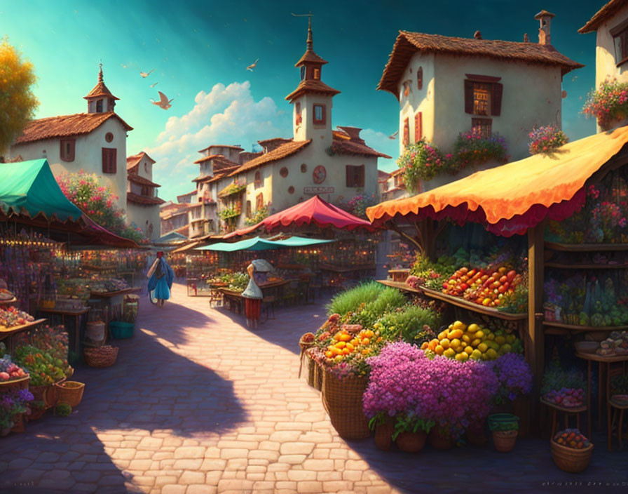 Vibrant fruit stalls in idyllic marketplace under clear blue sky