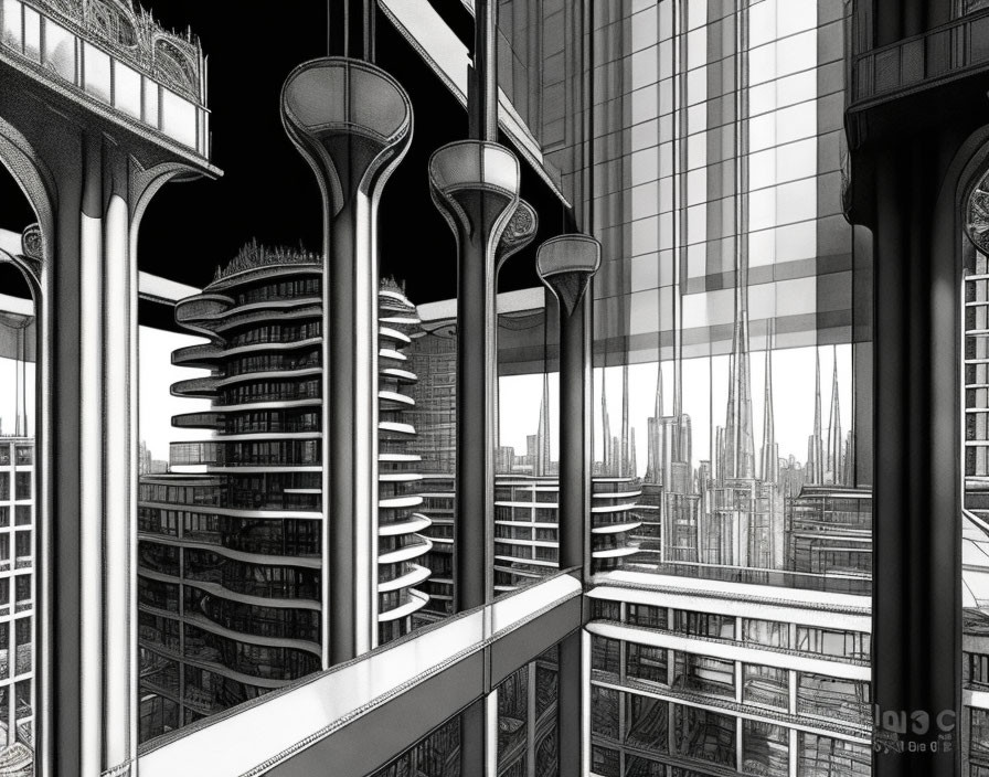 Futuristic cityscape illustration with diverse buildings in black and white