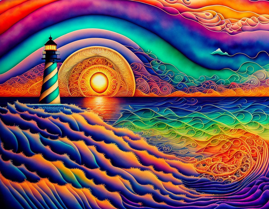 Colorful psychedelic artwork: Lighthouse, swirling patterns, ocean waves