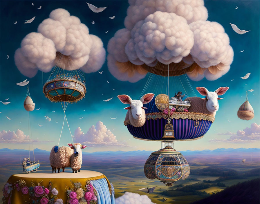 Surreal artwork: sheep with balloon-cloud bodies, gondolas, birds in scenic landscape