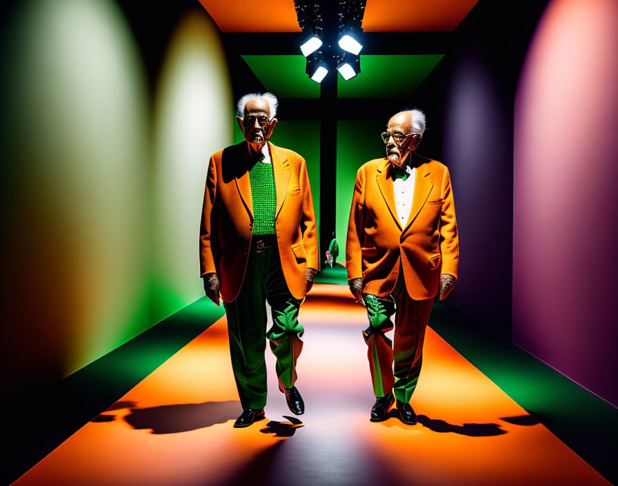 Senior Men in Orange Jackets and Green Trousers in Colorful Hallway with Arches