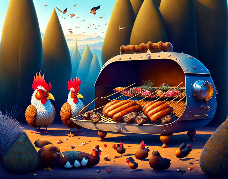 Stylized chickens and bread-baking machine in whimsical forest.