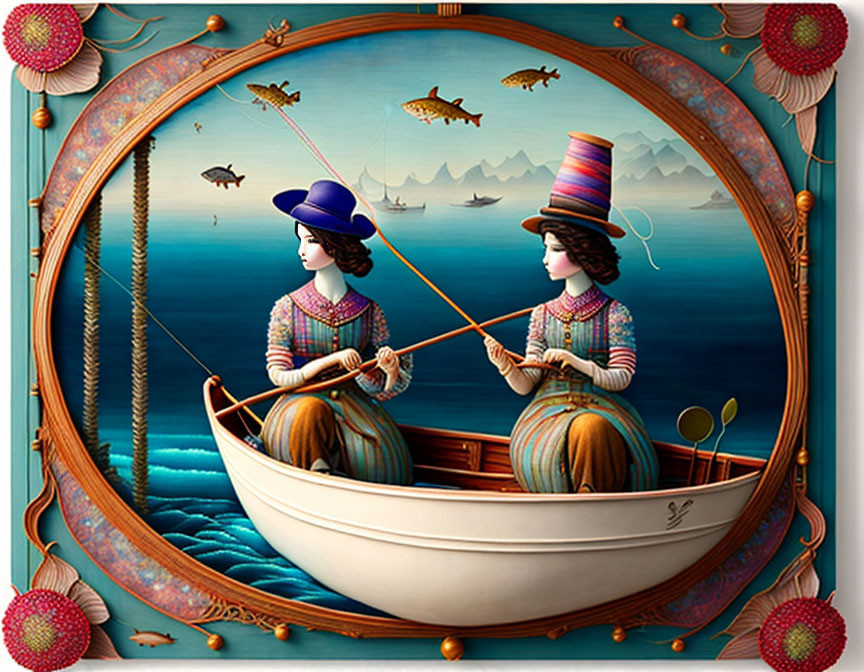 Vintage-style Art: Stylized Women Fishing in Surreal Scene