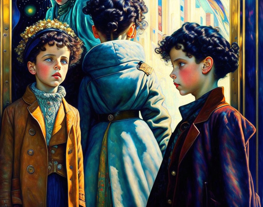 Vintage coats clad boys under sunlight in ornate setting