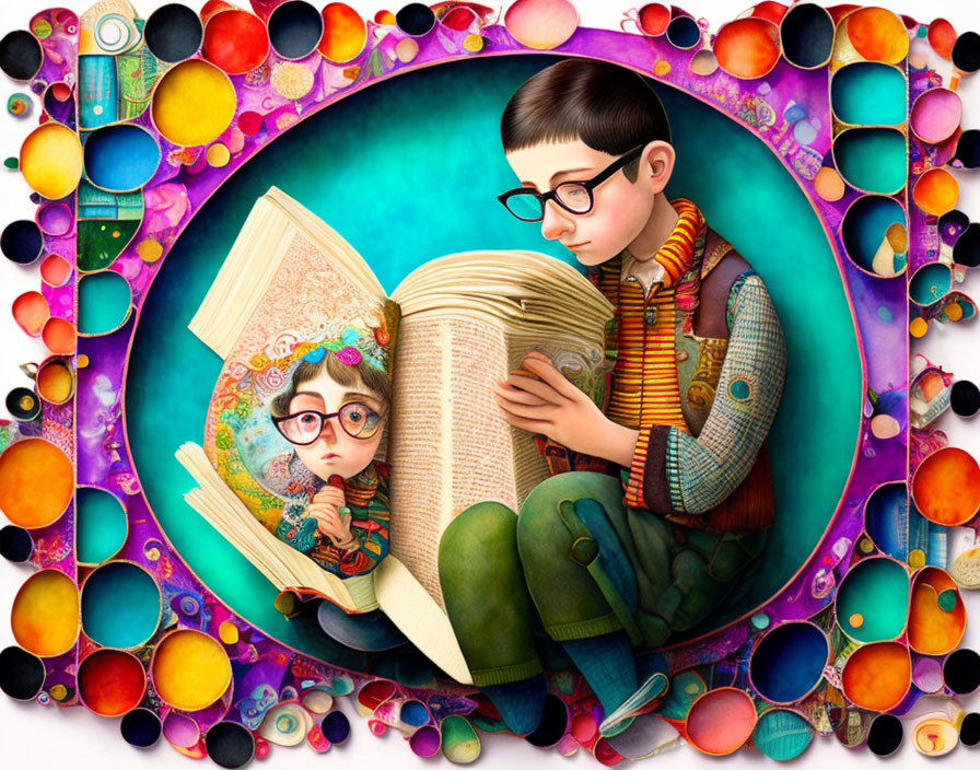 Illustration of boy reading book with imaginative reflection surrounded by circles