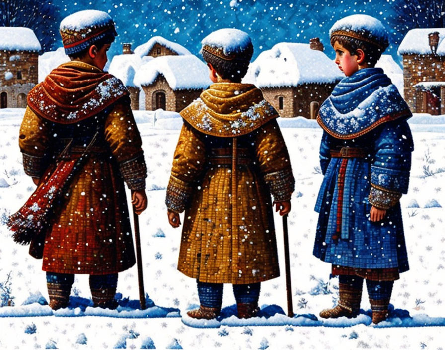 Three people in traditional attire observe snowy village at night.