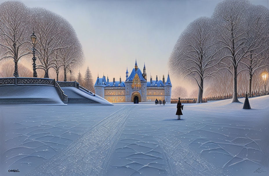 Snowy Landscape with Figure Walking to Illuminated Castle at Dusk