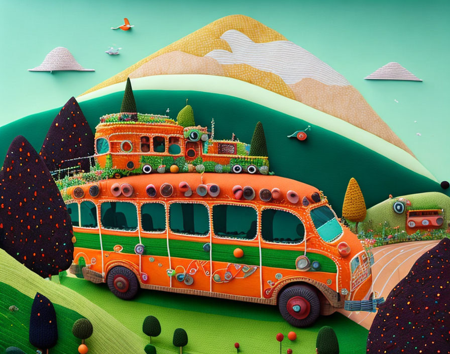 Colorful landscape with decorated bus and rolling hills.