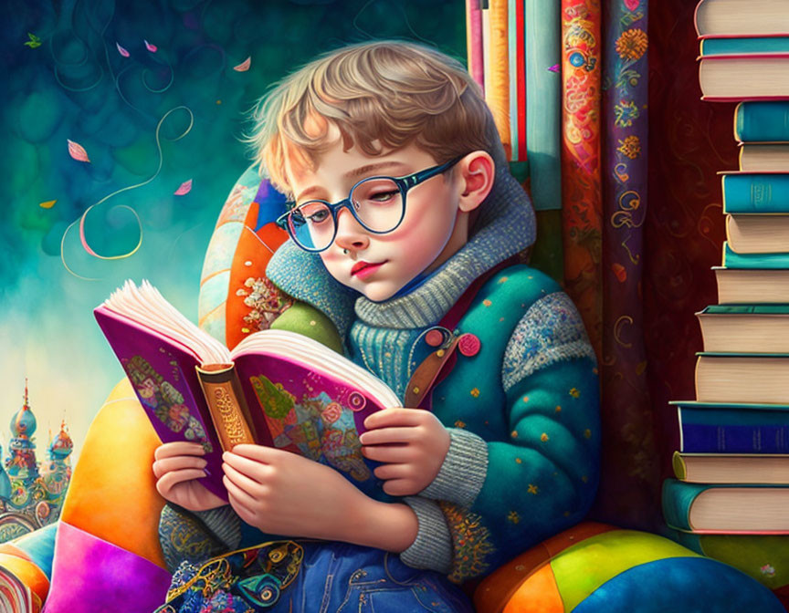 Child reading book surrounded by colorful cushions and whimsical decor.