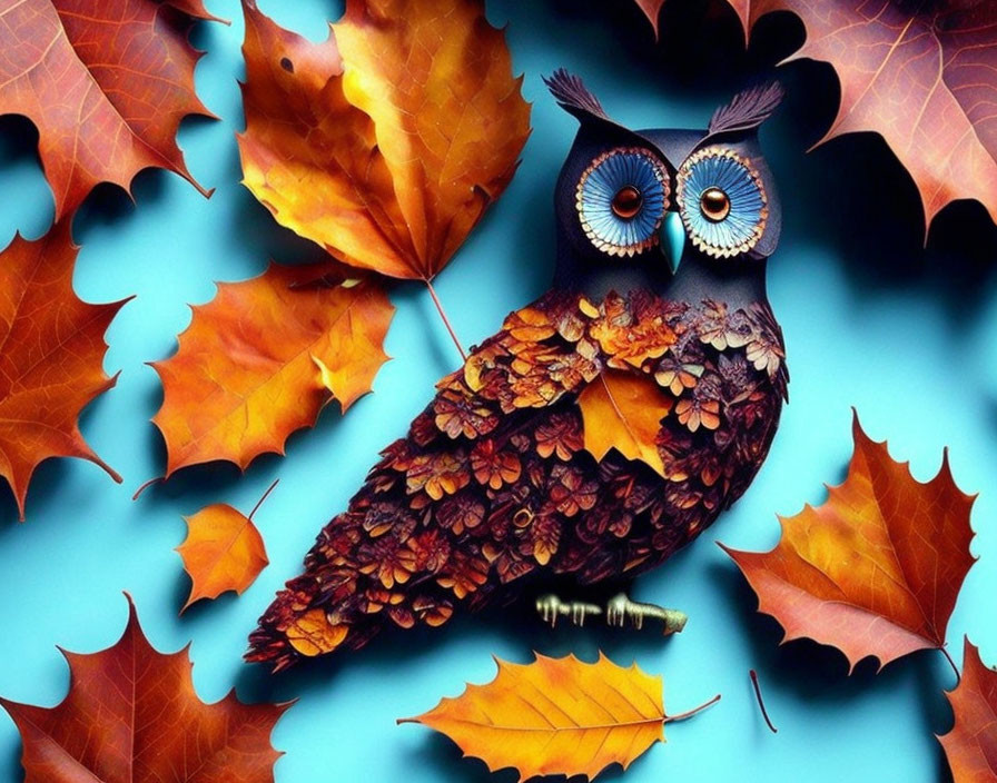 Autumn owl artwork crafted from leaves on turquoise backdrop