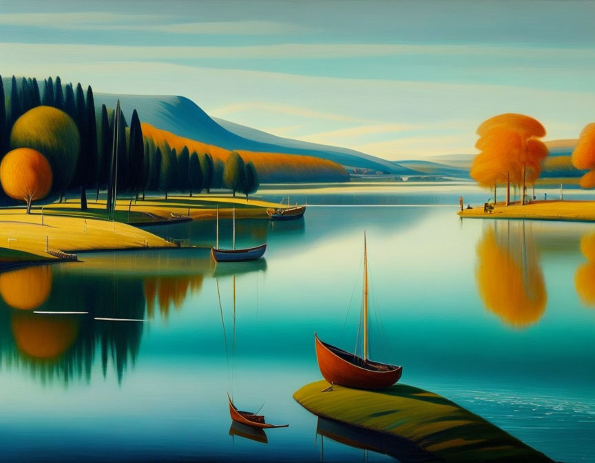 Tranquil Lake Scene with Colorful Trees and Boats