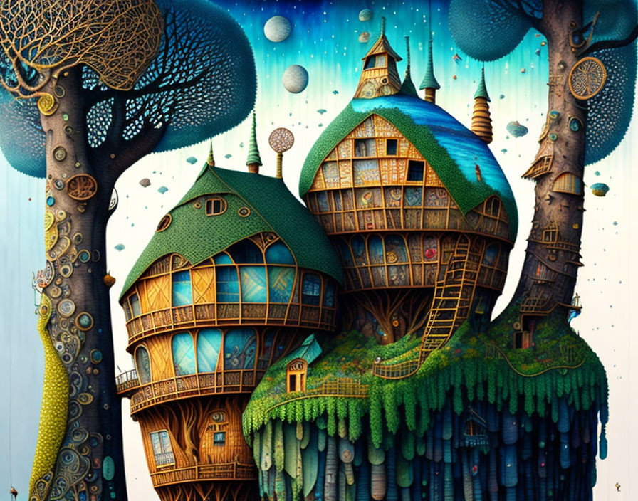 Fantastical treehouse illustration with intricate designs and floating orbs